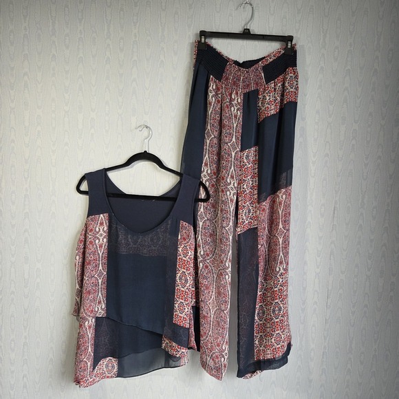 Pants - Women's Small 2 Piece Set S/M Top & Pants Sheer Chiffon Smocked Swim Navy Red